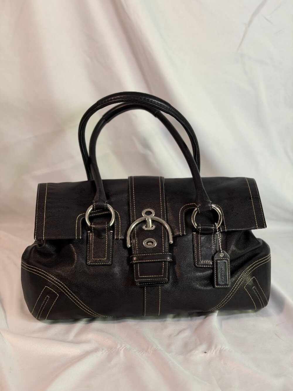 Vintage Coach Black Leather Satchel Y2K Shoulder Bag Contrast Stitch